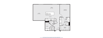 A floor plan of a home with a living room, dining room, kitchen, and two bathrooms.
