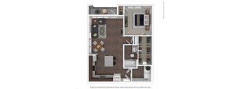 A floor plan of a kitchen with a dining table and a living room area.