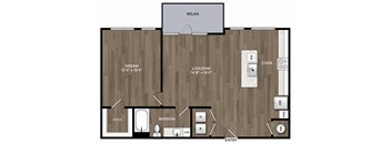 A floor plan of a house with a living room, dining room, kitchen, and a relaxation area.