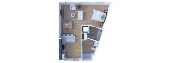 A top-down view of a small, neatly organized apartment with a kitchen, living room, and bathroom.