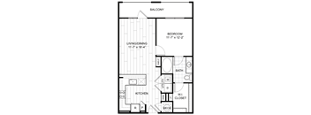 A black and white image of a floor plan for a balcony, bedroom, living/dining area, kitchen, and bathroom.
