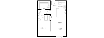 A floor plan of a small apartment with a bedroom, living room, kitchen, and bathroom.