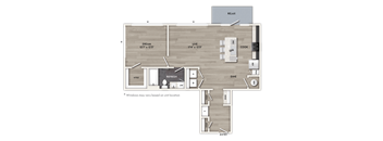 A floor plan of a house with a living room, dining room, kitchen, and bathrooms.