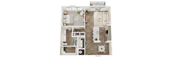 A floor plan of a two-bedroom apartment with a living room, kitchen, and bathroom.