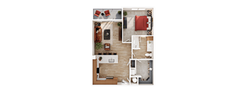 A top-down view of a living room with a kitchen area, featuring a sofa, chairs, a dining table, and a kitchenette.