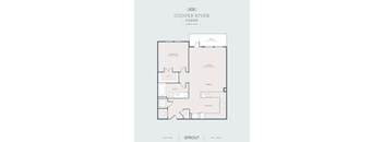 A floor plan for a property at Cooper River Farms shows a bedroom, bathroom, living room, dining room, and kitchen.