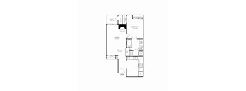 A floor plan of an apartment with a living area, dining area, kitchen, bedroom, and bathroom.