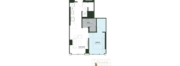 A floor plan of a house with a living dining room, bedroom, and bathroom.