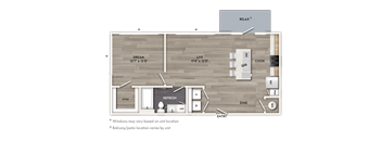 A floor plan of a small apartment with a living room, dining room, kitchen, and bathroom.