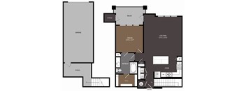 A floor plan of a house with a garage, a bedroom, a bathroom, and a kitchen.