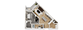 A floor plan of a two-story home with a living room, kitchen, and bathroom on the first floor, and a bedroom on the second floor.
