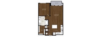 A floor plan of a home with a balcony, bedroom, living/dining area, bathroom, kitchen, and entry.