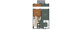 A floor plan of an apartment with a balcony, bedroom, living/dining area, bathroom, kitchen, and entry.