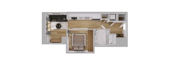 A floor plan of a small apartment with a living room, kitchen, and bedroom.