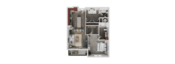 A floor plan of a small apartment with a kitchen, living room, and bathroom.