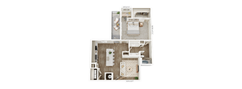 A floor plan of a small apartment with a kitchen, living room, and bathroom.