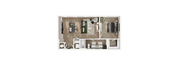 A top-down view of a modern, minimalist apartment layout.