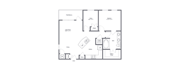 A floor plan of a house with a living room, dining room, kitchen, and bathroom.