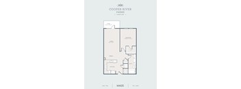 A floor plan for a home at Cooper River Farms shows a living room, dining room, kitchen, two bedrooms, and a bathroom.