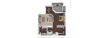A 3D floor plan of a house with a kitchen, living room, and dining area.