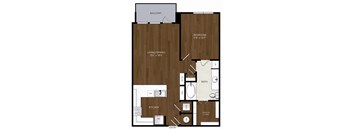 A floor plan of a home with a living/dining area, kitchen, bathroom, bedroom, and balcony.
