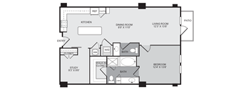 A floor plan of a house with a study, kitchen, dining room, living room, bedroom, and bathroom.