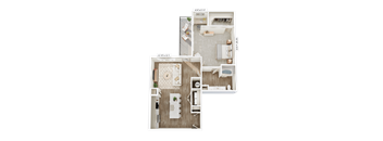 A floor plan of a small apartment with a living room, kitchen, and bedroom.