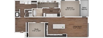 A floor plan of a house with a study, living room, bath, and patio/balcony.