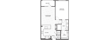 A black and white image of a floor plan for a small apartment.