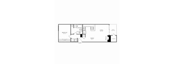 A floor plan of a small apartment with a bedroom, a living room, a dining room, a storage space, and an entry/exit point.