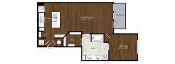 A floor plan of a small apartment with a living room, kitchen, bathroom, and bedroom.