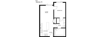A black and white image of a floor plan for a 795 square foot C-1 apartment.