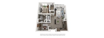 a stylized floor plan with a bedroom and a living room