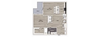 A floor plan of a house with a living room, dining room, kitchen, and a bathroom.