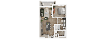 A top-down view of a small apartment layout with a kitchen, living room, and bathroom.