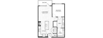 A black and white image of a floor plan for a balcony, living/dining area, kitchen, bathroom, and bedroom.