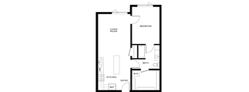 A black and white image of a floor plan for a small apartment.