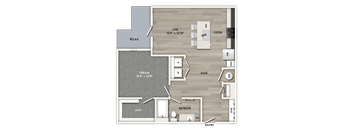 A floor plan of a house with a living room, kitchen, dining room, and bathroom.