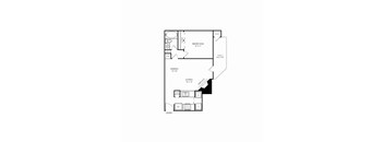 A black and white image of a floor plan for a small apartment.