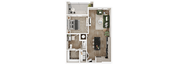 A top-down view of a small, well-organized apartment with a kitchen, living room, and bathroom.