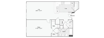 a floor plan of a one bedroom floor plan with a bathroom and a closet