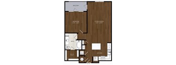 A floor plan of a home with a bedroom, living/dining area, kitchen, bathroom, and balcony.