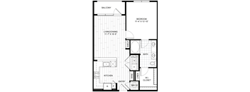 A floor plan of a home with a balcony, living/dining area, kitchen, bathroom, and bedroom.