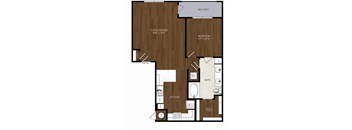 A floor plan of a home with a living area, kitchen, bathroom, and bedroom.