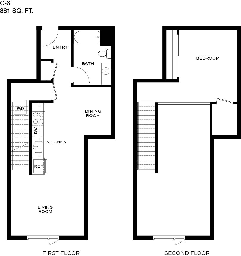 A black and white image of a two-story floor plan for a 881 square foot home.