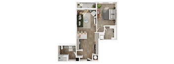 A top-down view of a small, well-organized apartment with a kitchen, living room, and bathroom.