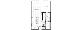 A black and white image of a floor plan for a balcony, bedroom, living/dining area, kitchen, utility, wine cellar, and entry.