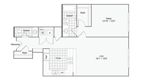 a floor plan of a small house with a bedroom and a living room