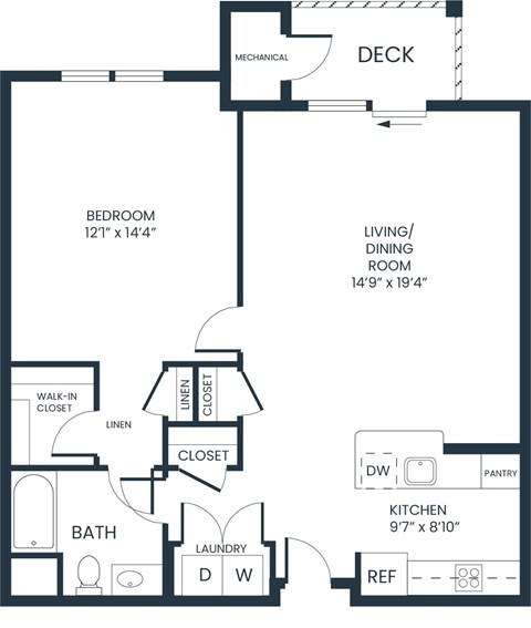 A floor plan of a home with a bedroom, bathroom, laundry, and kitchen.