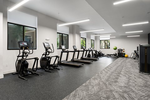 A gym with treadmills, elliptical machines, and other exercise equipment.